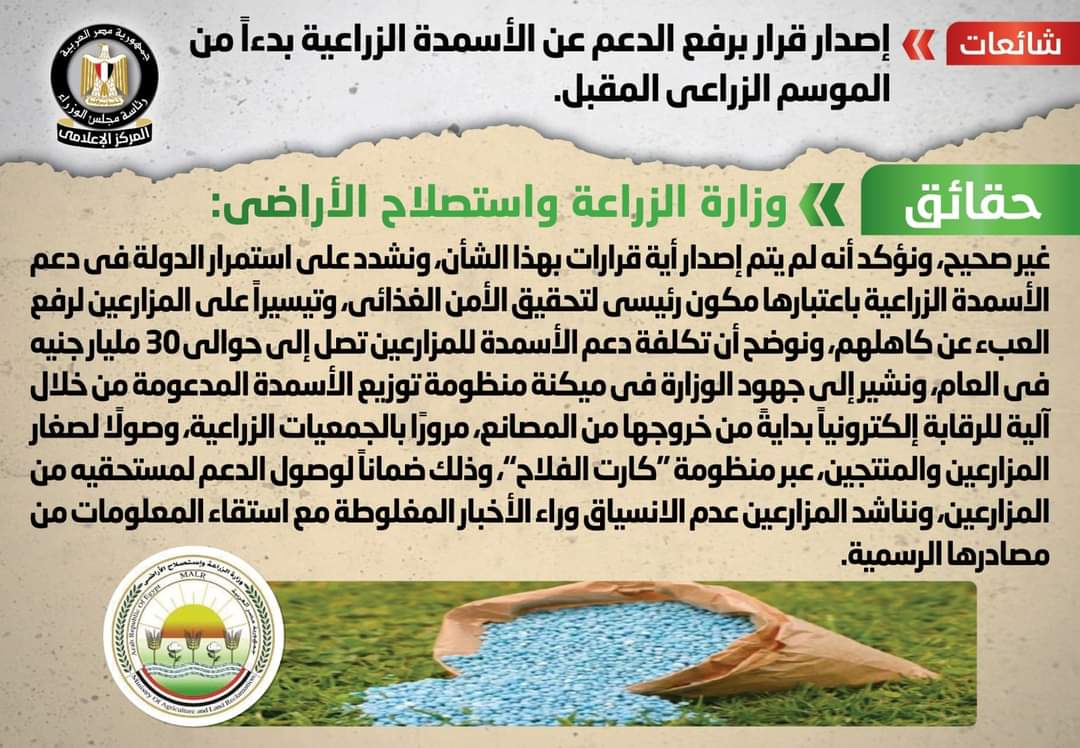 الحكومة تنفى رفع الدعم عن الأسمدة الزراعية بدءاً من الموسم الزراعى المقبل