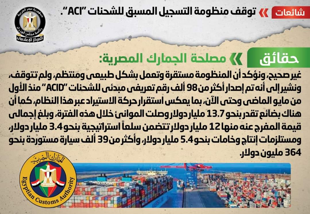 الحكومة تنفى توقف منظومة التسجيل المسبق للشحنات "ACI"