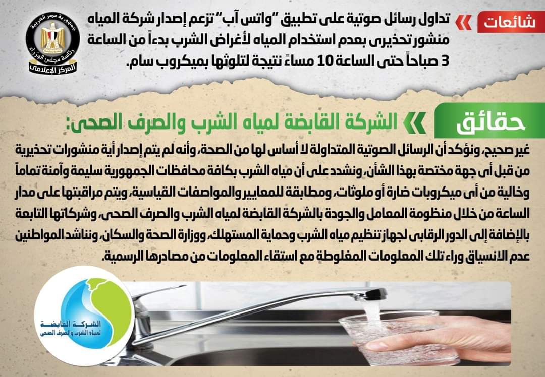 شركة المياه : المنشور التحذيرى على الواتس آب.. كاذب