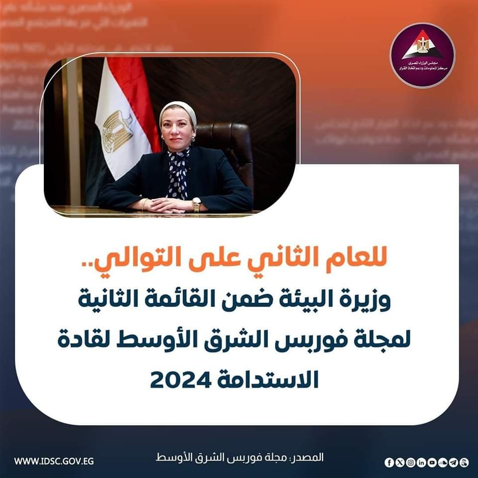 معلومات الوزراء: اختيار وزيرة البيئة ضمن أكثر 10 قادة حكوميين مؤثرين فى تحقيق الاستدامة