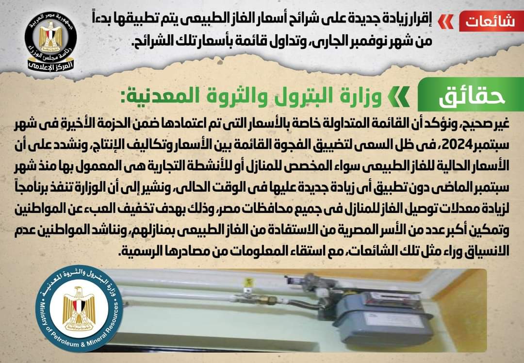 الحكومة : لا زيادة جديدة على شرائح أسعار الغاز الطبيعى
