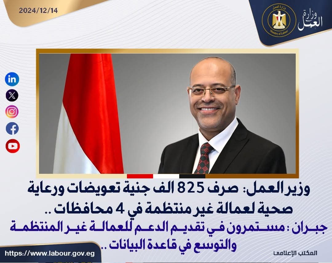 وزير العمل: صرف 825 الف جنية تعويضات ورعاية صحية لعمالة غير منتظمة فيطى 4 محافظات