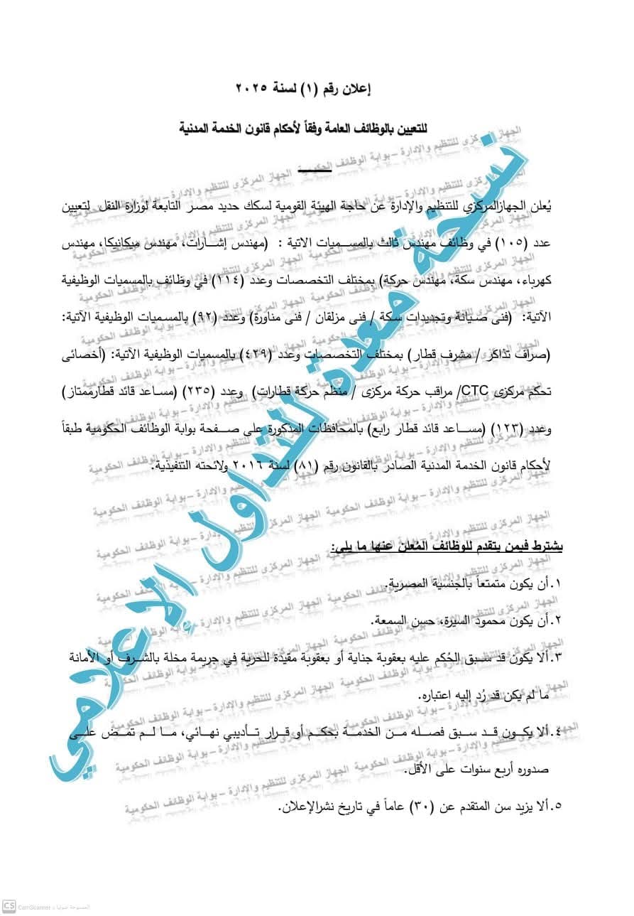 مسابقة لتعيين 1098 موظفاً بالسكة الحديد مصر ..والتقديم 19 يناير المقبل