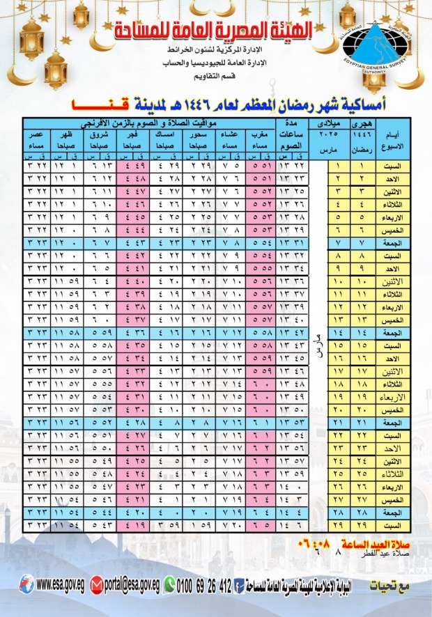 إمساكية رمضان 2025 في قنا.. عدد ساعات الصيام يوميًا
