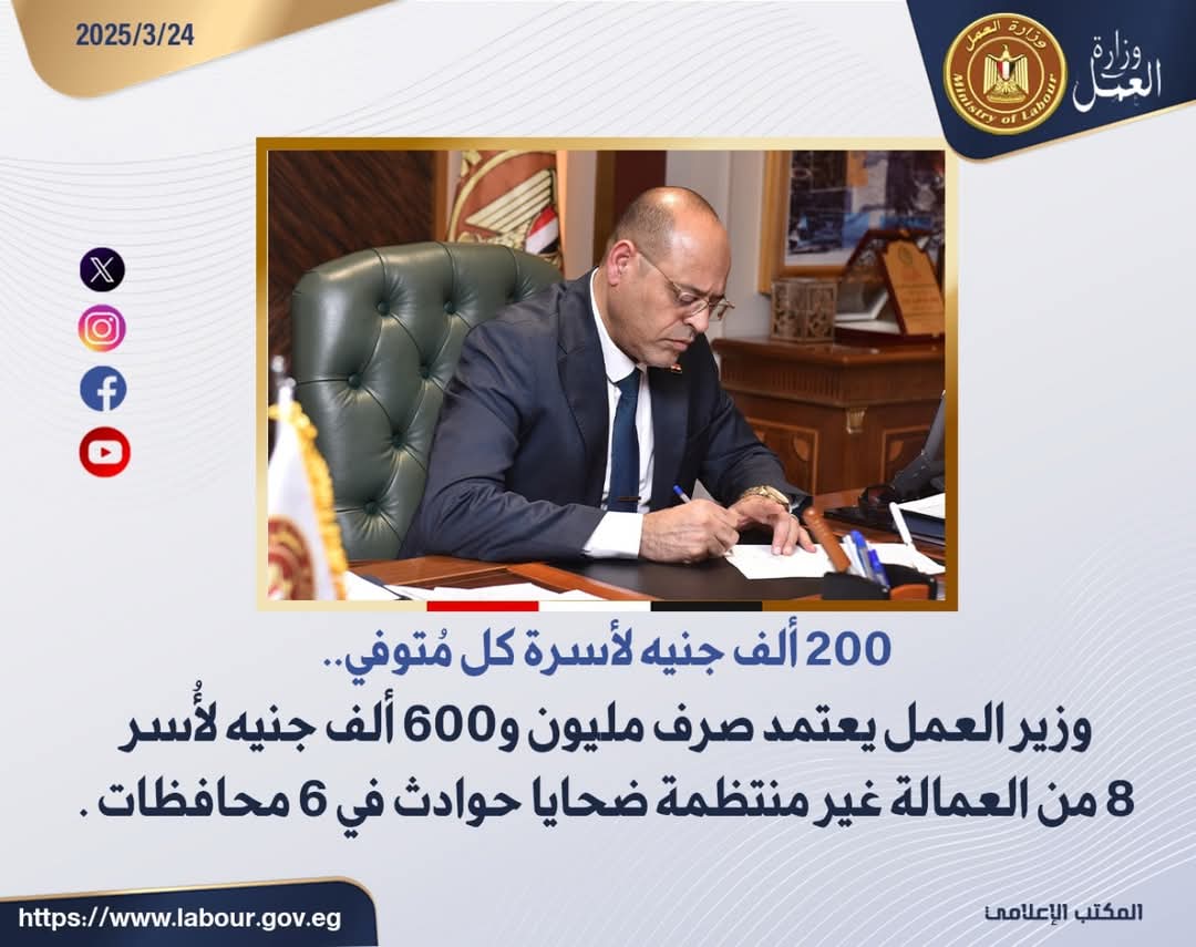 صرف مليون و600 ألف جنيه لأُسر 8 من العمالة غير المنتظمة ضحايا حوادث