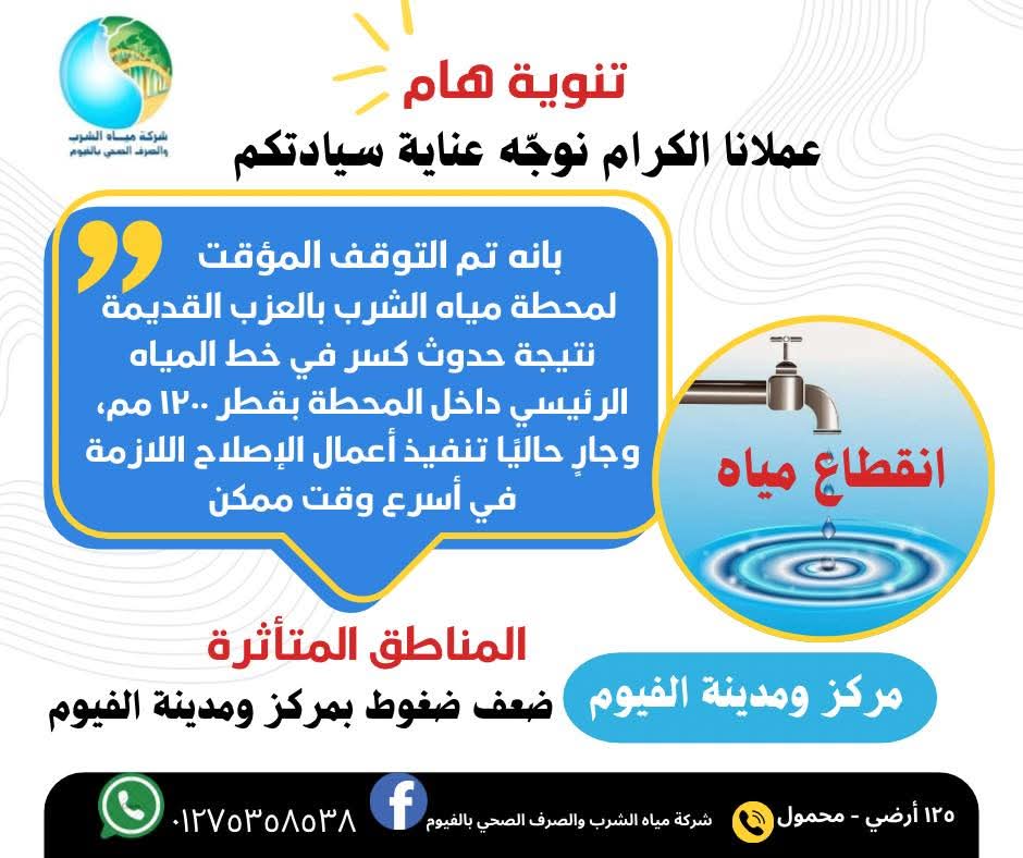 عطل مفاجئ يتسبب في ضعف مياه الشرب بعدد من مناطق الفيوم.. والشركة تتحرك سريعًا