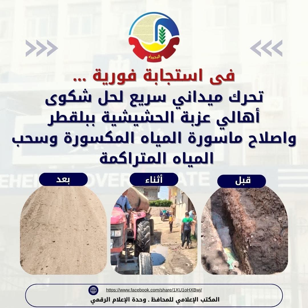 فى إستجابة فورية..حل شكوى أهالي عزبة الحشيشية ببلقطر وإصلاح ماسورة المياه