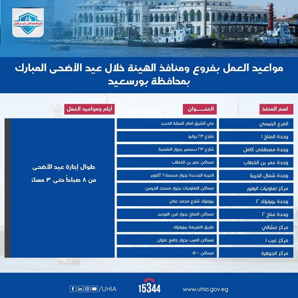 مواعيد العمل بمنافذ هيئة التأمين الصحى خلال إجازة عيد الأضحى