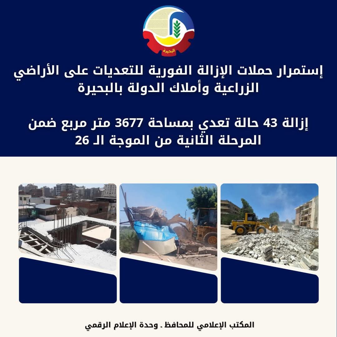 محافظ البحيرة:إستمرار حملات إزالة التعديات على الأراضى الزراعية والأملاك 
