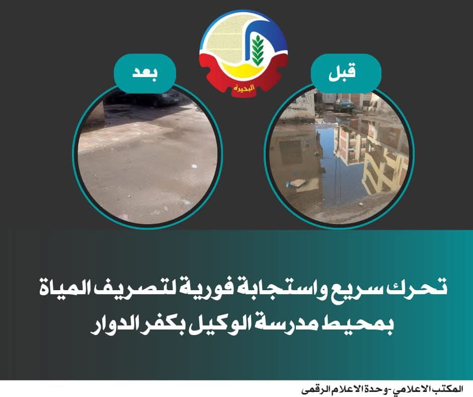 تحرك سريع وإستجابة فورية لتصريف المياة بمحيط مدرسة الوكيل بكفر الدوار