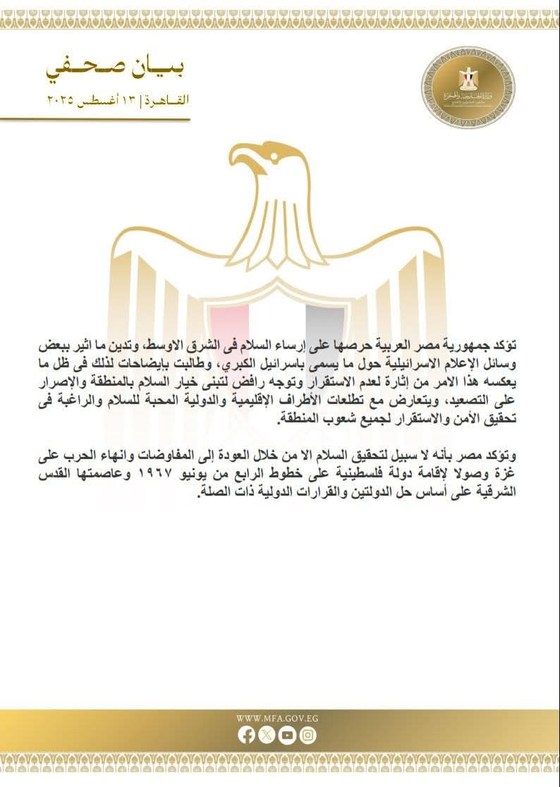 مصر ترفض ما يسمى بإسرائيل الكبرى - الخبر لايف