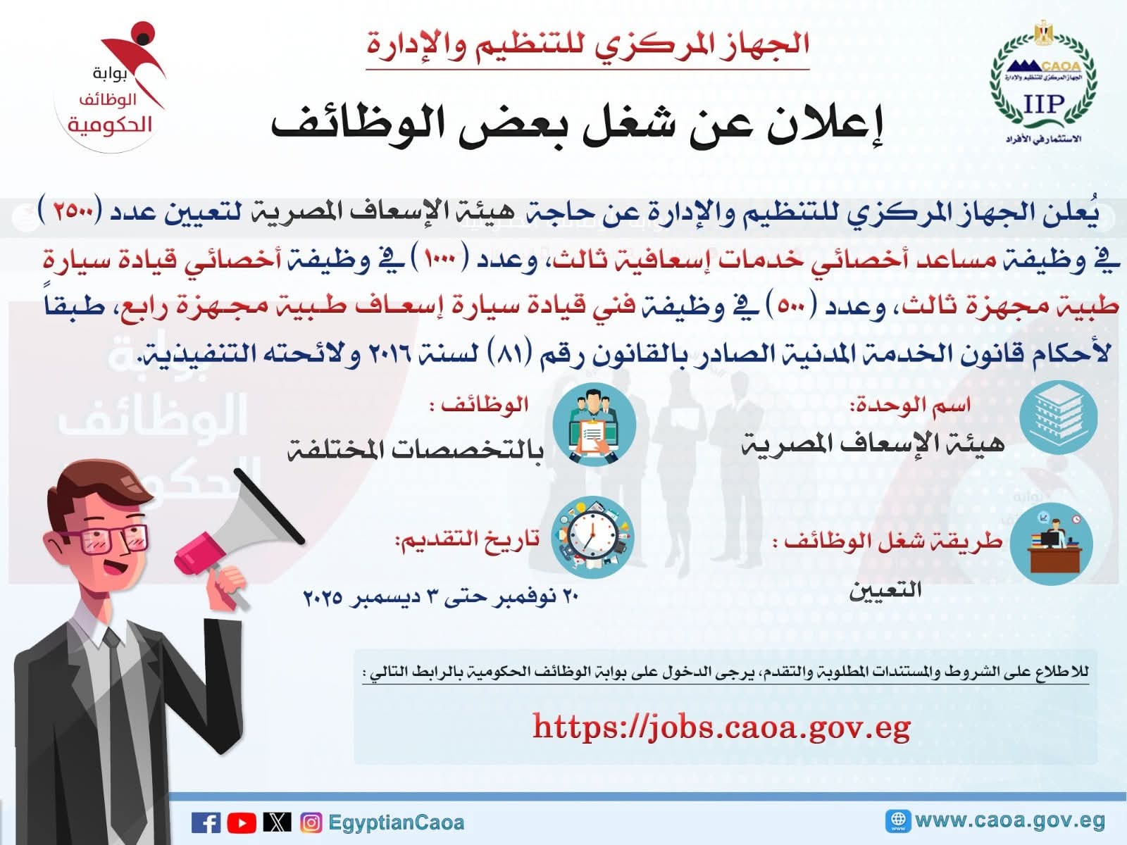التنظيم والإدارة يُعلن عن مسابقة لشغل عدد (4000) وظيفة بهيئة الاسعاف المصرية