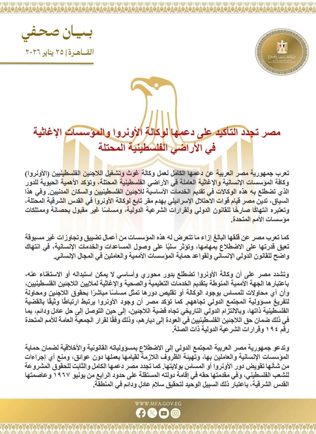 مصر تدين هدم قوات الاحتلال الإسرائيلى مقر وكالة الأونروا فى القدس